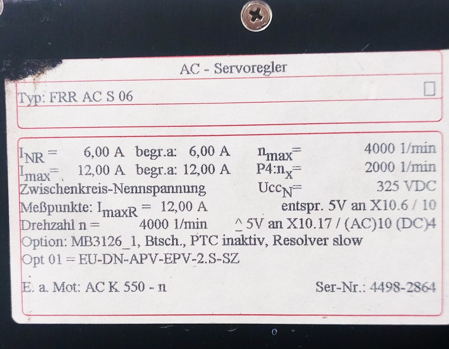 ASB AC Servo drive Type: FRR AC S 06 FRRACS06 Options 01=EU-DN-APV-EPV-2.S-SZ